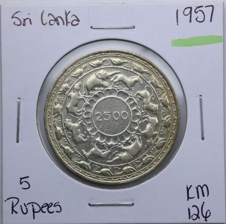 Read more about the article 1957 Sri Lanka Ceylon 5 Rupees Buddhism Anniversary Silver Coin 0.925 Km 126