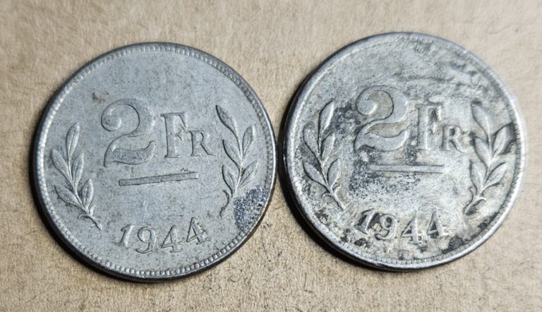 Read more about the article Lot of (2) – 1944 Belgium 2 Francs Coins – Zinc Coated Steel – KM# 133 – Belgian