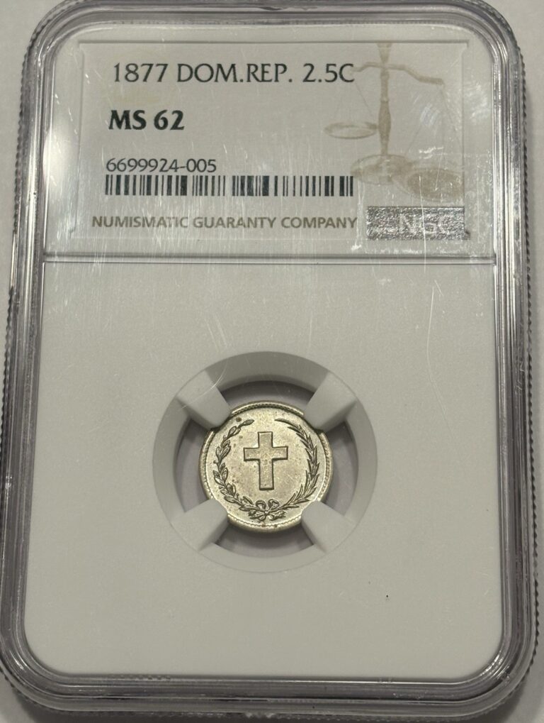 Read more about the article 1877 Dominican Republic 2.5 Centavos NGC MS62