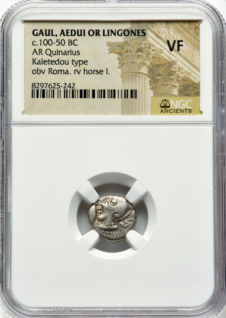 Read more about the article 100-50 BC GAUL AEDUI LINGONES Ancient Greek Silver Quinarius Coin NGC VF