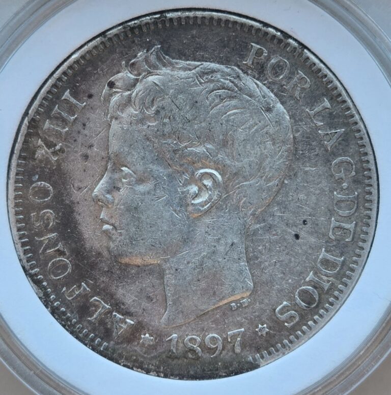 Read more about the article Spain 1897 (97)  SG-V 5 Pesetas Silver Coin Alfonso XIII Child Head