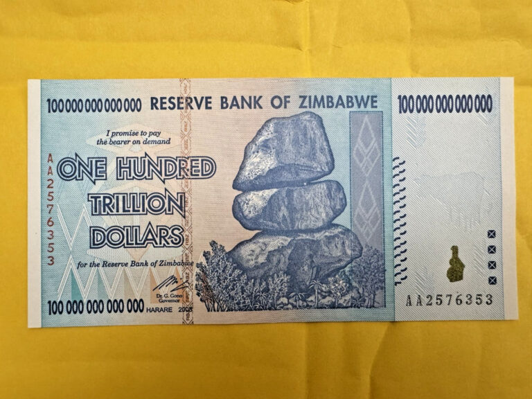 Read more about the article 🇿🇼 ZIMBABWE 100 TRILLION DOLLAR AA/2008 P-91 UNCIRCULATED BANKNOTE