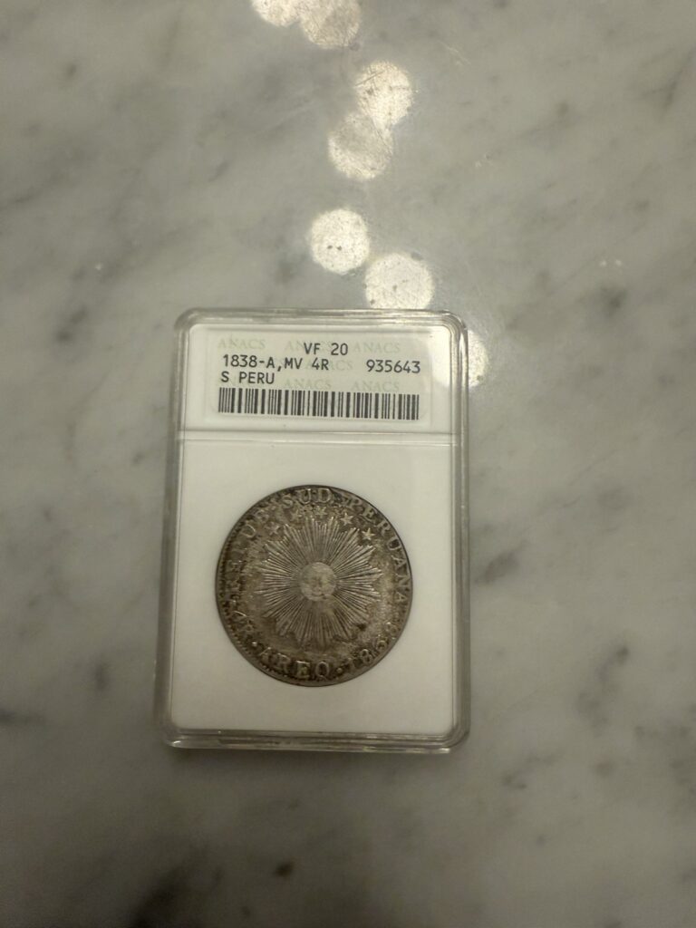 Read more about the article 1838 AREQ MV South Peru 4 Reales Silver Coin Arequipa Mint VF 20 Anacs