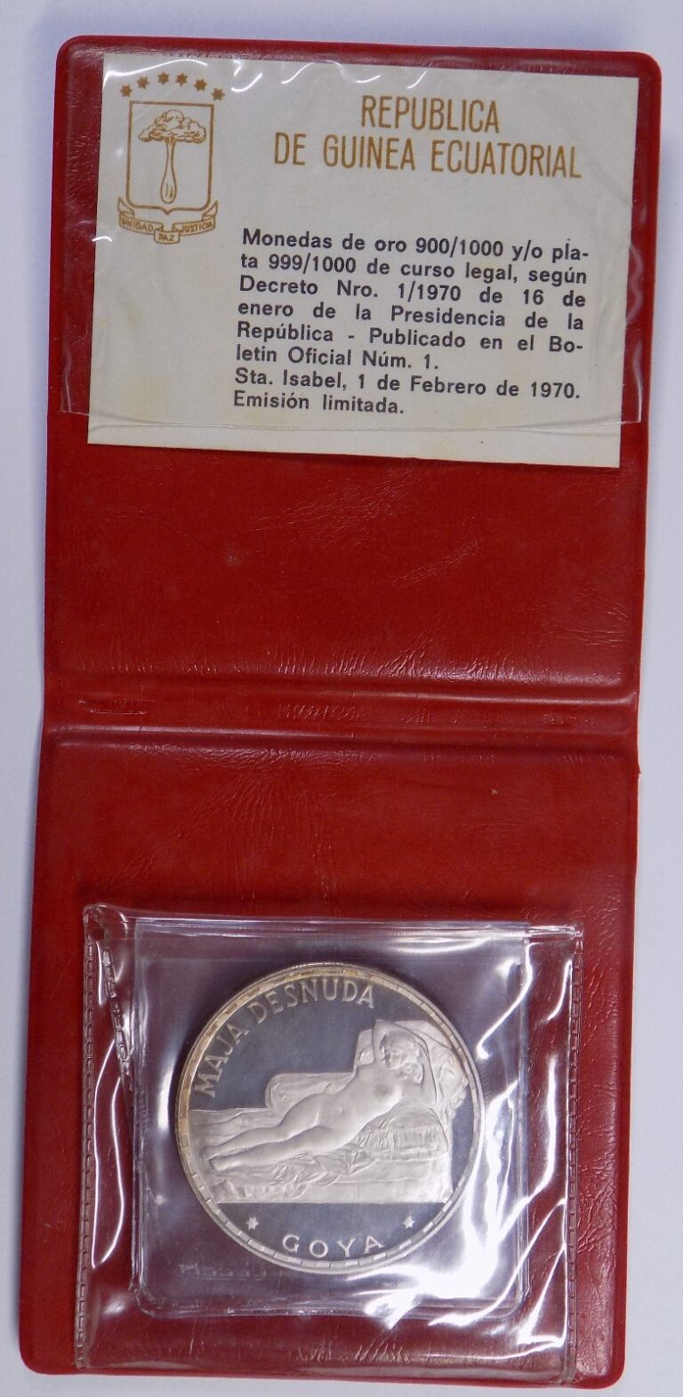 Read more about the article 1970 Equatorial Guinea Maja Desnuda Goya 20 g .999 fine silver proof coin