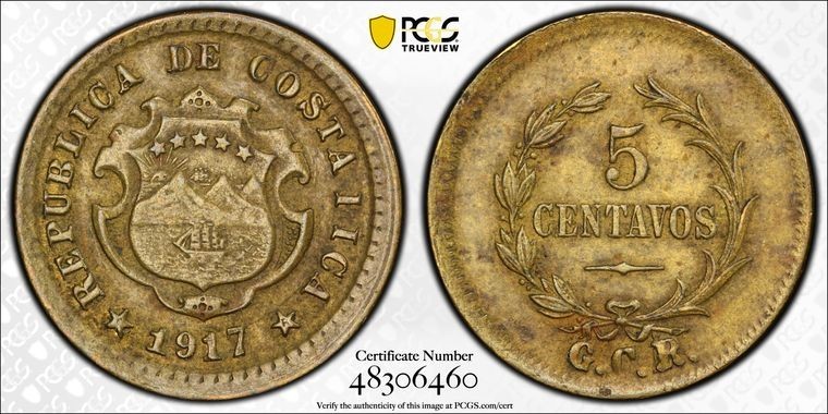 Read more about the article Very Scarce 1917-GCR Costa Rica 5 Centavos PCGS AU55 PCGS Pop 1/1