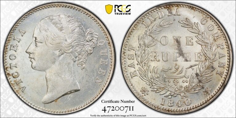 Read more about the article British India  1840 Victoria Rupee. PCGS MS 62