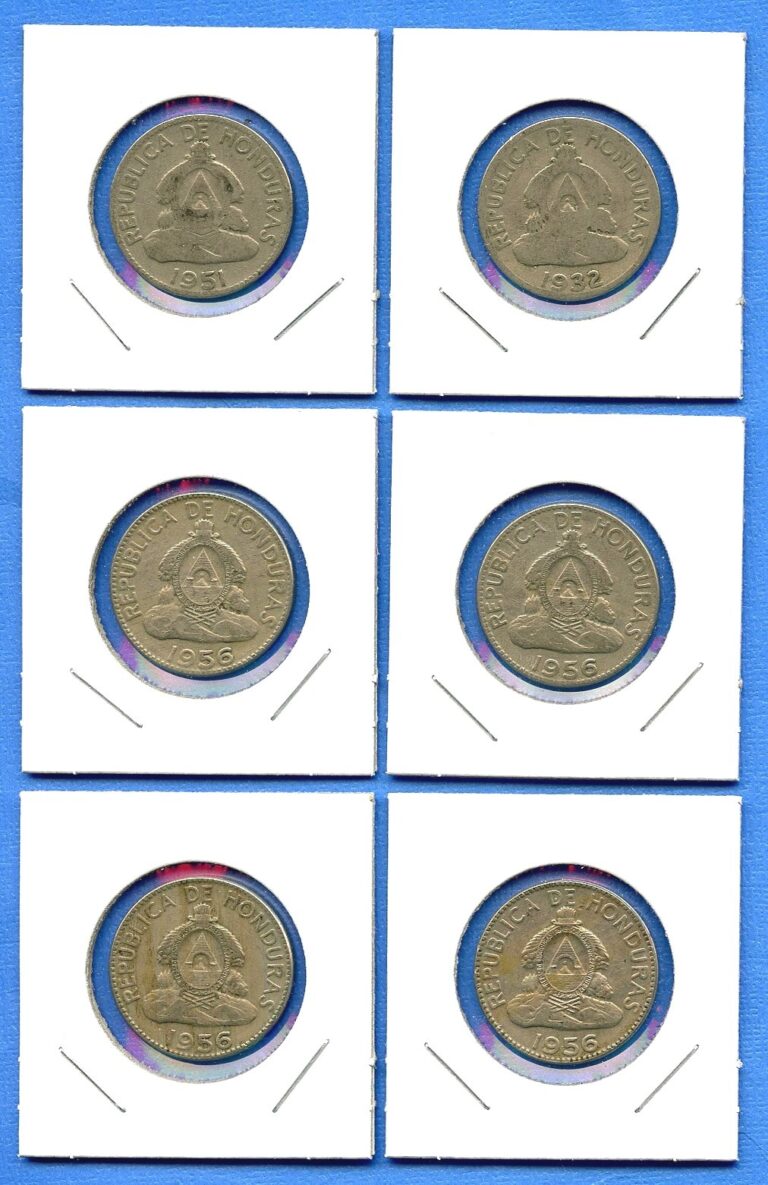 Read more about the article Lot of 6 Republic of Honduras 10c Diez Centavos Lempiras 1932  1951  1956 Coins