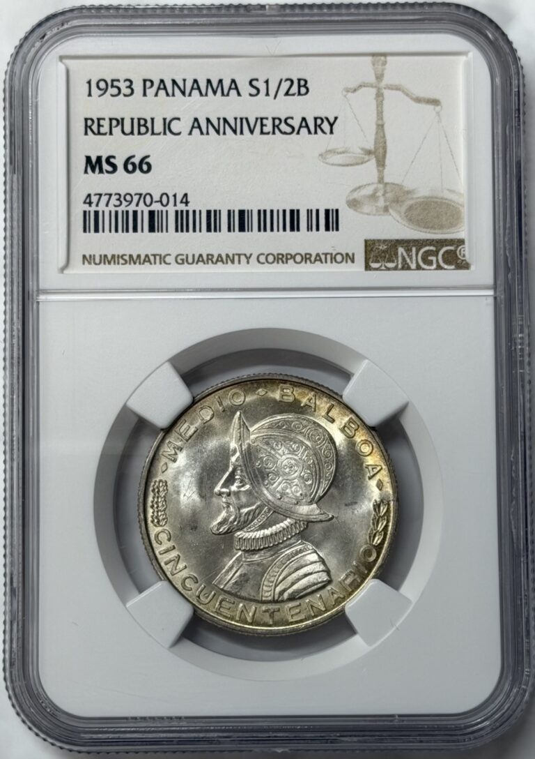 Read more about the article 1953 PANAMA SILVER 1/2 BALBOA NGC MS66 ~ REPUBLIC ANNIVERSARY