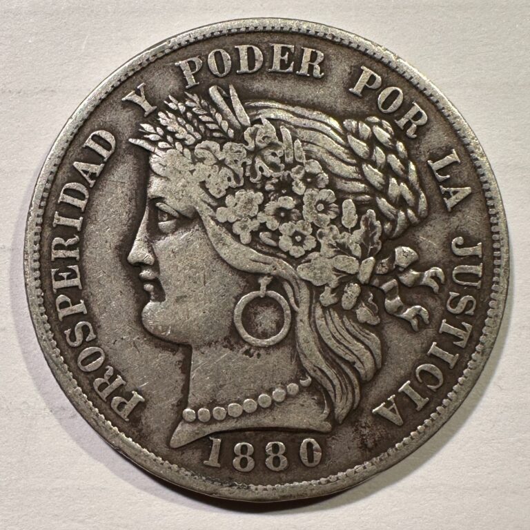 Read more about the article 1880 B Peru 5 Pesetas With Dot Silver Crown Sized Coin Market Fresh