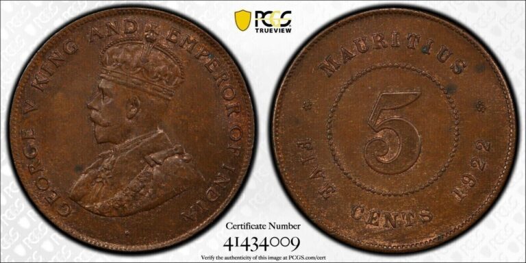 Read more about the article British Mauritius 1922 George VI Five Cents  5 Cents. PCGS MS 64. 360 000 Minted