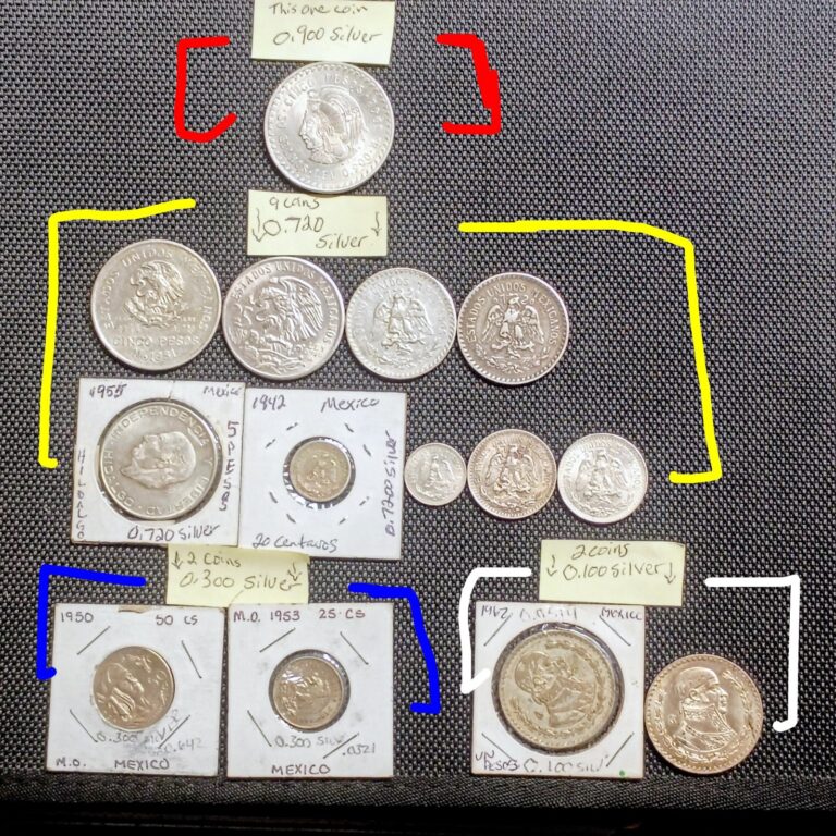Read more about the article Lot of 14 Vtg. Mexico Silver Coins from 1926-1968 the Silver  is 0.100 to 0.900