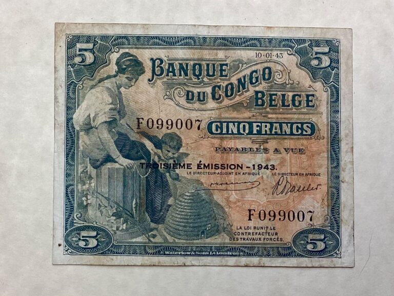 Read more about the article ~ BELGIAN CONGO 5 Francs 1943  P-13Aa – Troisieme Emission