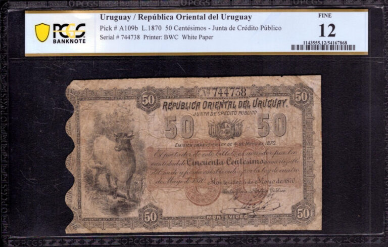 Read more about the article 1870 REPUBLICA ORIENTAL DEL URUGUAY 50 CENTESIMOS PICK A109b PCGS B FINE F 12