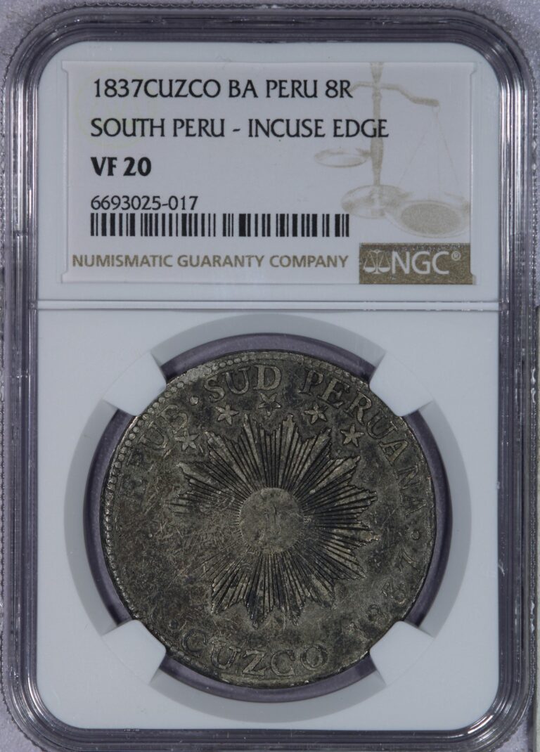Read more about the article 1837 Cuzco BA Peru Eight Reales 8R South Peru – Incuse Edge NGC VF20