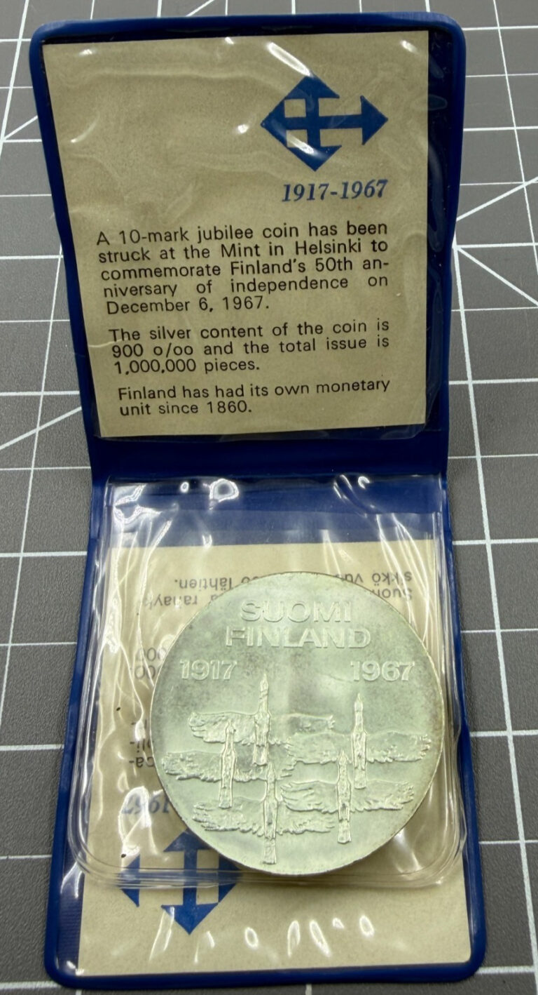 Read more about the article 1967 Finland 10 Markkaa 50th Anniversary BU 90% Silver Coin .6872oz ASW