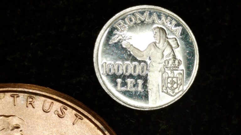 Read more about the article MINIATURE COIN 1946 ROMANIA 100000 LEI PROOF LIKE STERLING SILVER