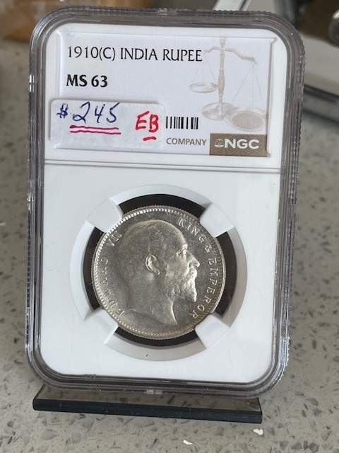 Read more about the article British India: Rupee silver year 1910  Grade MS-63 by NGC..Est:$255.