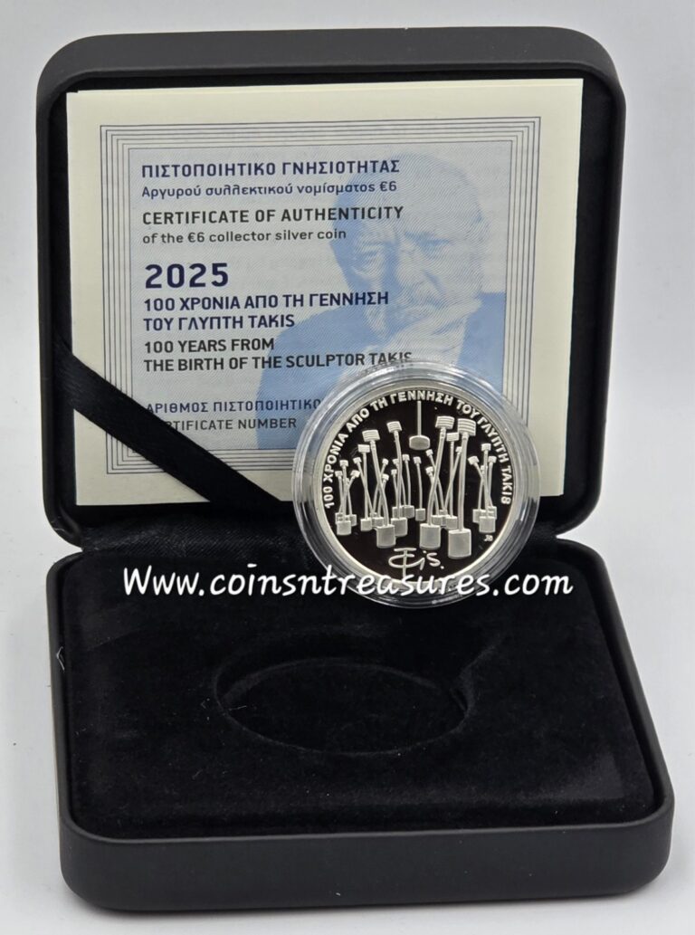 Read more about the article Greece 2025 100 YEARS FROM SCULPTOR TAKIS Silver 6 Euro Coin