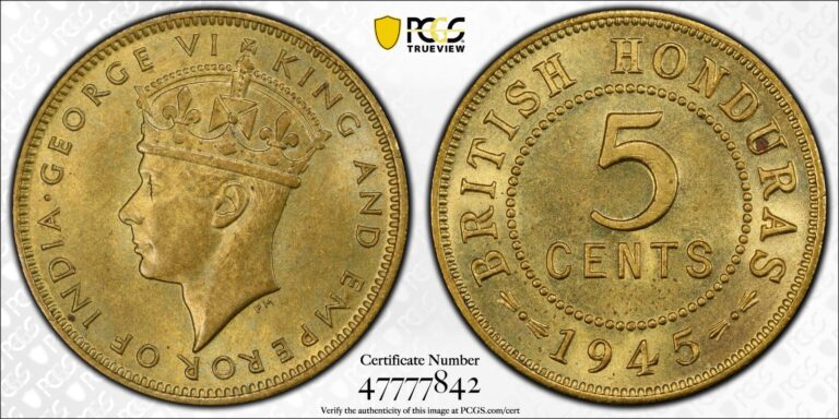 Read more about the article British Honduras  1945 George VI Five Cents  5 Cents. PCGS MS 64.