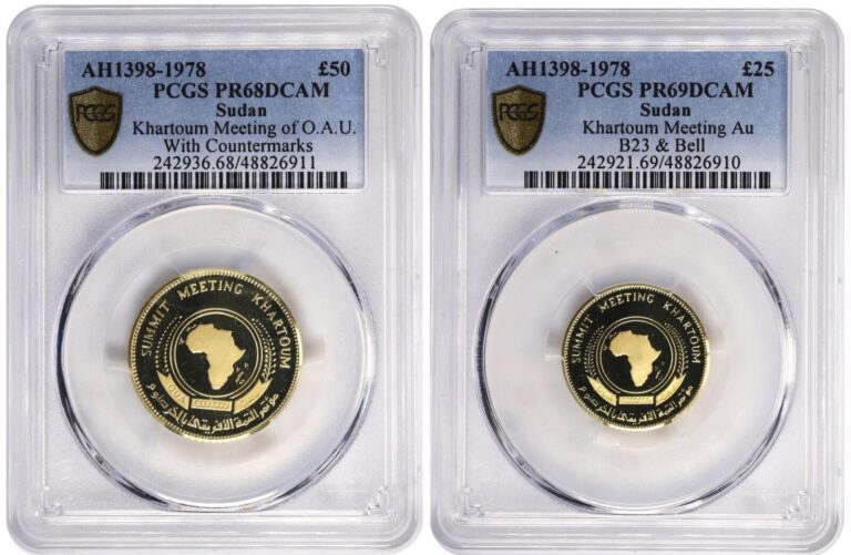 Read more about the article SOUTH SUDAN   GOLD SET 25 and 50 POUNDS 1978 OAU PCGS PR 68 and 69 DC   RARE1