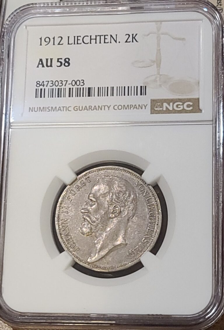 Read more about the article 1912 Liechtenstein 2 Kronen Silver Coin John Johann II NGC AU58 Rare 50k Mintage