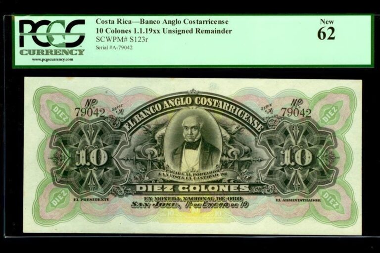 Read more about the article 1903-17 COSTA RICA 10 COLONES EL BANCO ANGLO NOTE PCGS UNCIRCULATED 62 KP #S123r
