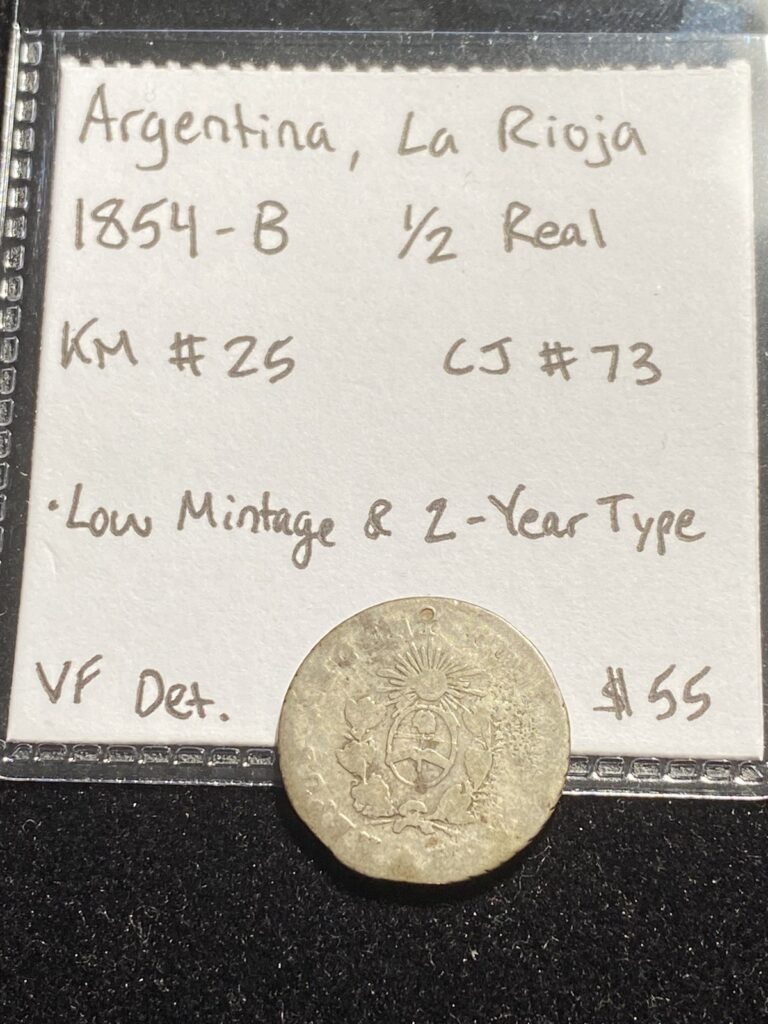 Read more about the article !!Scarce 2-Year Type!! Argentina LA RIOJA SILVER 1854-B 1/2 Real  LOW MINTAGE
