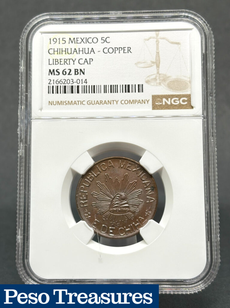 Read more about the article 1915 Mexico 5c Chihuahua Copper Liberty Cap – NGC MS62 BN – NOTE: Scratched Slab