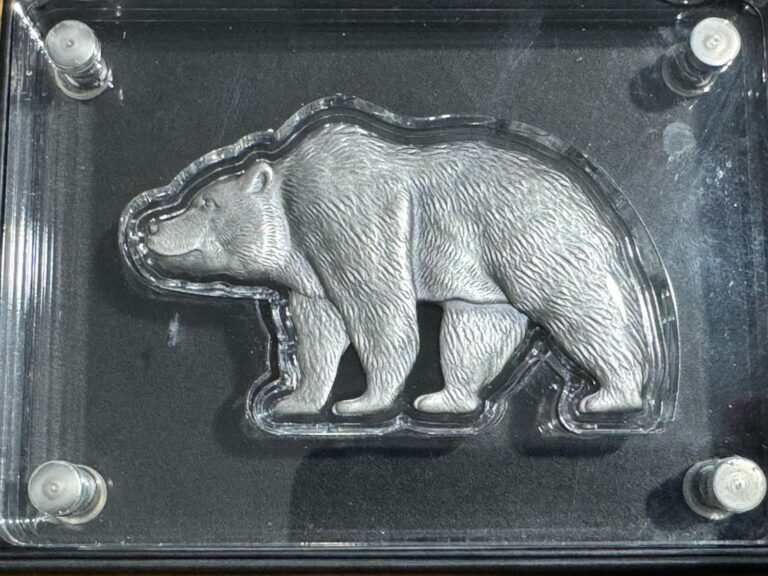 Read more about the article 2021 Chad 1 oz Silver Bear Shaped Antiqued HR Coins in Boxes 2500 Mintage