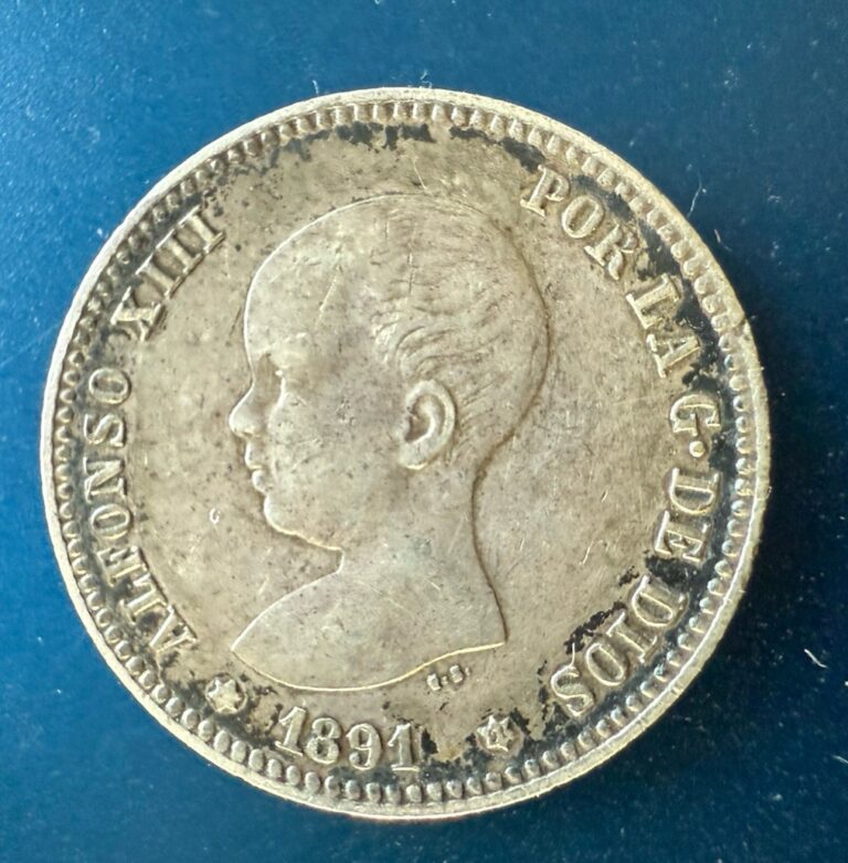 Read more about the article 1891 Spain Una Peseta Alfonso XIII  84% Silver World Coin