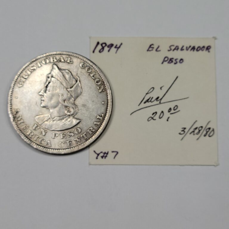 Read more about the article 1894 El Salvador Silver Peso CAM Cristobal Colon Old Cleaning Large Crown *J685