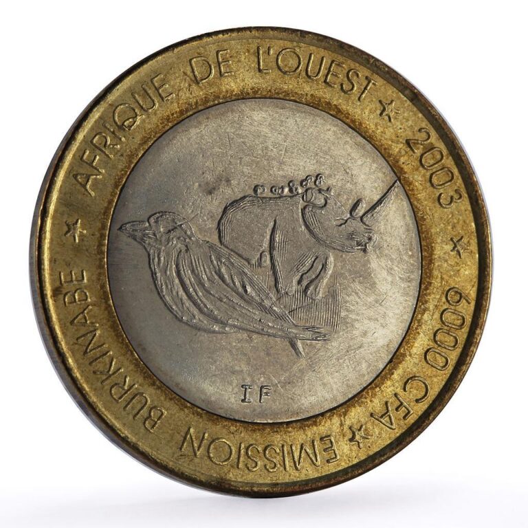 Read more about the article Burkina Faso 6000 francs Oxpecker Bird Rhinoceros Four Africa Fantasy coin 2003