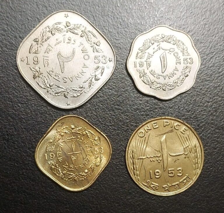 Read more about the article 1953 Pakistan Short UNC Year Set Of 4 Lovely Coins Lot 1 Pice 1/2 1 and 2 Anna