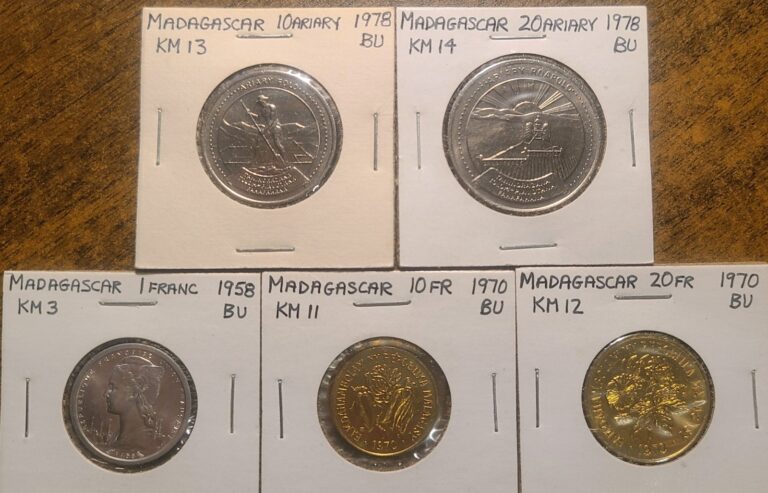 Read more about the article 1958 1970 1970 MADAGASCAR LOT OF 5 COINS 1-10-20 FRANCS + 10-20 ARIARY (ALL BU!)
