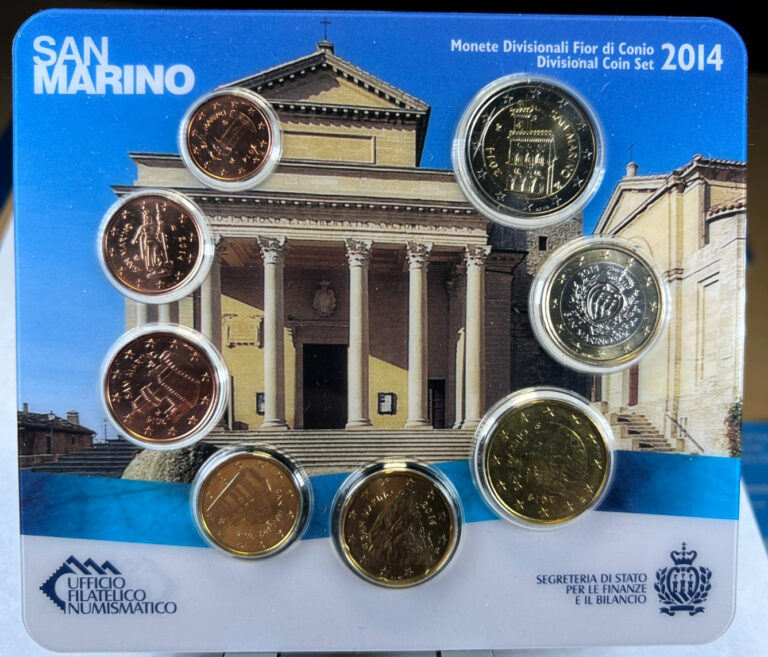 Read more about the article 2014 San Marino 8 coin Euro set!  8 Euro coins mint packaging  public Palace