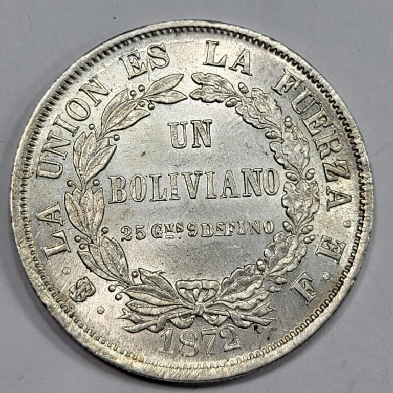 Read more about the article 1872 Potosi Bolivia 1 Boliviano Silver Crown Size Coin UNC Detail Wiped *K824