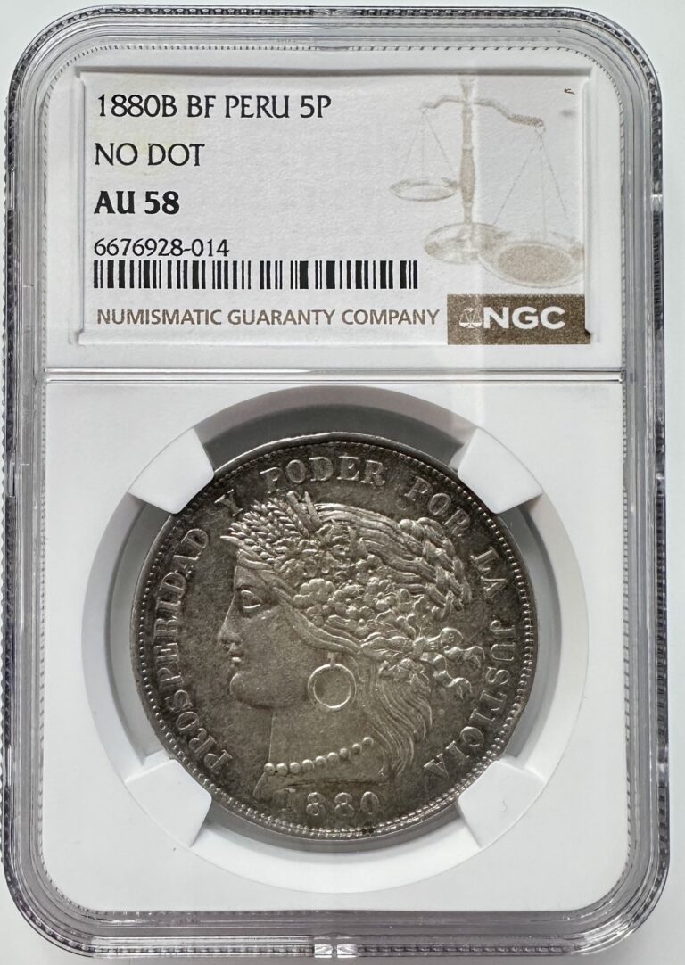 Read more about the article 1880B Peru 5 Pesetas Liberty Silver Coin NO DOT – NGC AU 58 KM# 201