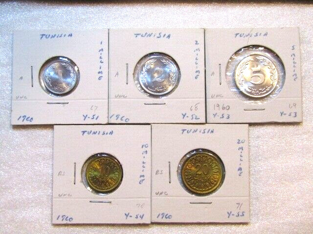 Read more about the article 1960 Tunisia 1 2 5 10 20 Millime 5 Coins unc Coin Set