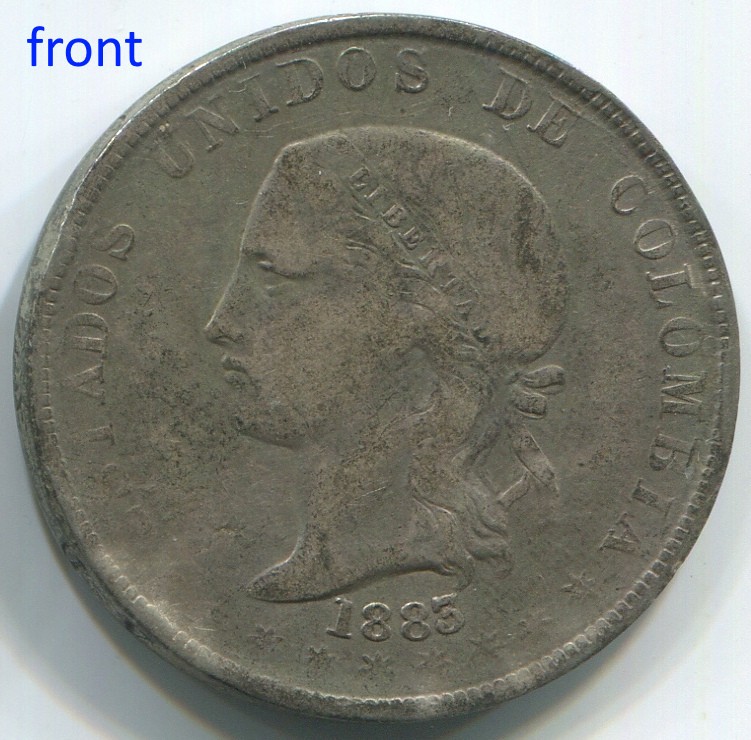 Read more about the article Colombia 1883  5 Decimos silver coin KM#161.2 (Type 2  7 points star). C006