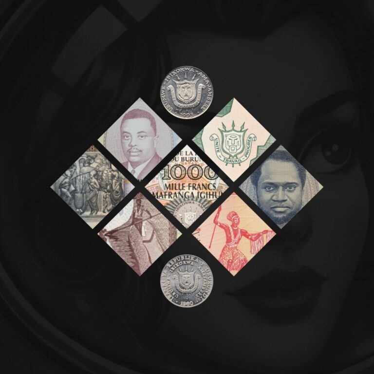 Read more about the article 🇧🇮 9 Pc Burundi Lot: 7 Banknotes (10F-1000F 1995-2009) and 2 Coins (1F/5F 80-93)