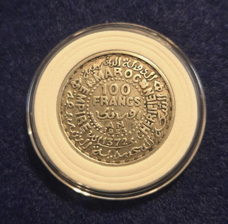 Read more about the article 1953 1372 AH Morocco 100 Francs – Great Silver Coin – See Pics