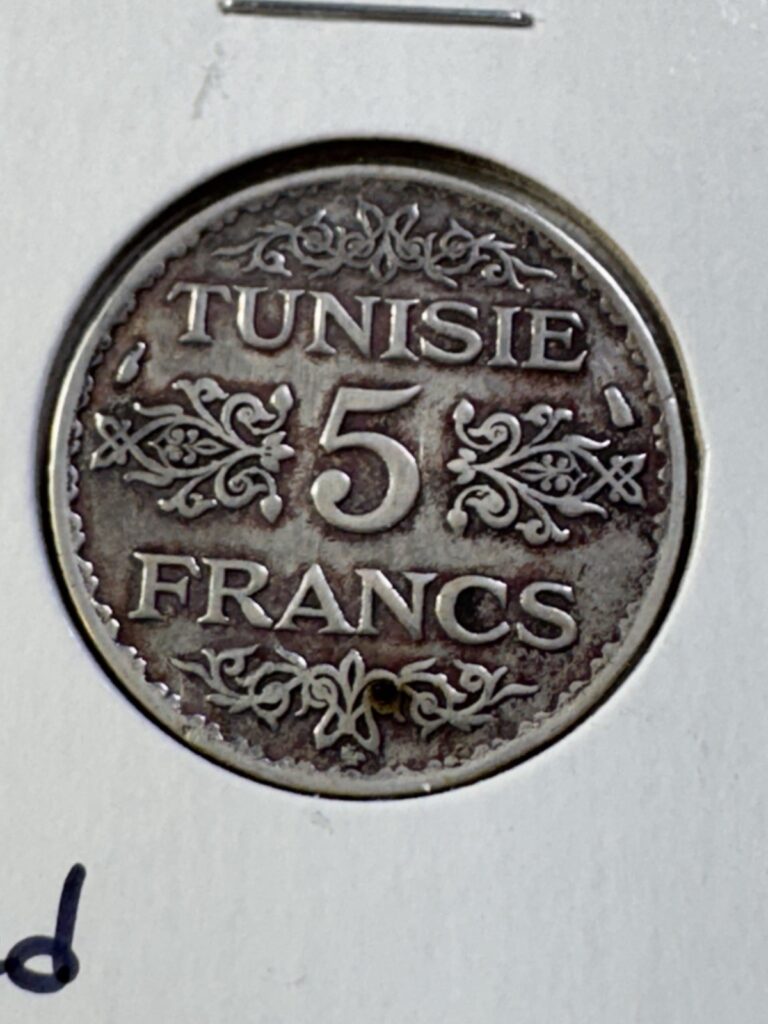 Read more about the article 1936 Tunisia 5 Francs Silver Coin Cleaned