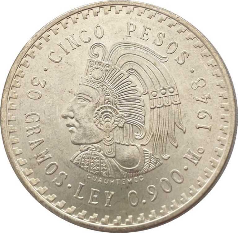 Read more about the article Mexico 1948 5 Peso – AU – .900 Silver