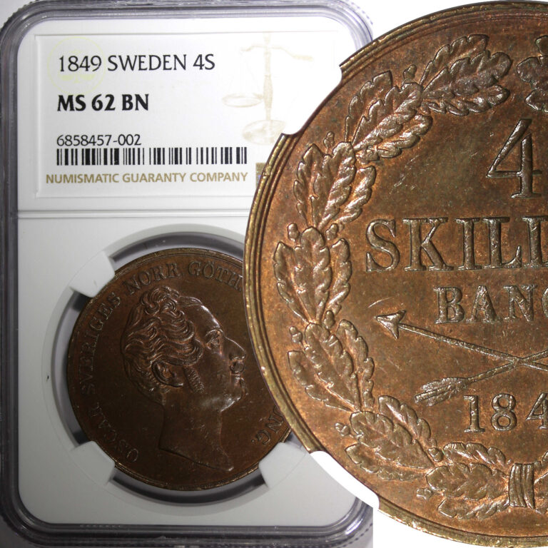 Read more about the article Sweden Oscar I 1849 4 Skilling Banco 37.2 mm 1st Year NGC MS62 BN KM# 672 (002)