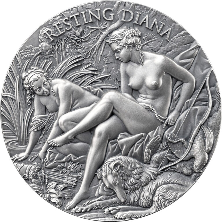Read more about the article 2024 Cameroon Celestial Beauty Resting Diana 2 oz Silver Antiqued High Relief…