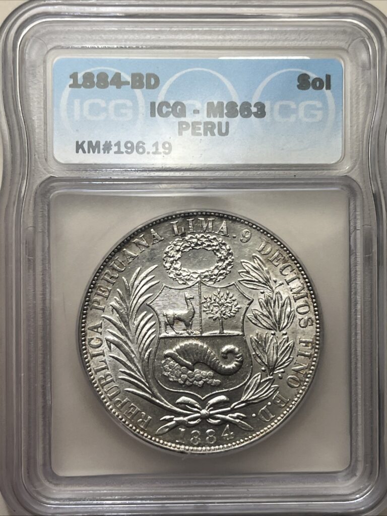 Read more about the article 1884-BD Peru 1 One Sol ICG MS63 KM#196.19 Type VII Peruvian Silver Coin