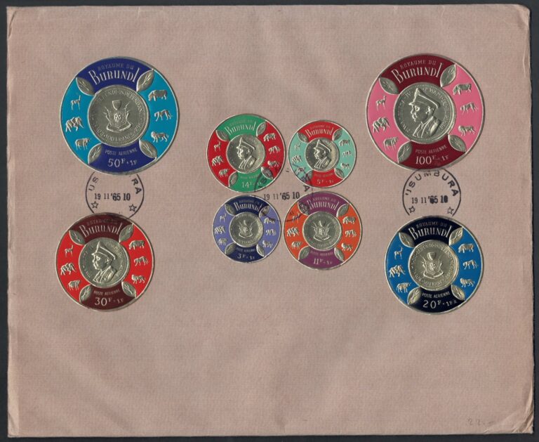 Read more about the article Burundi 1965 Airmail Embossed Coin Stamp Set on Cover  Elephants  Rare