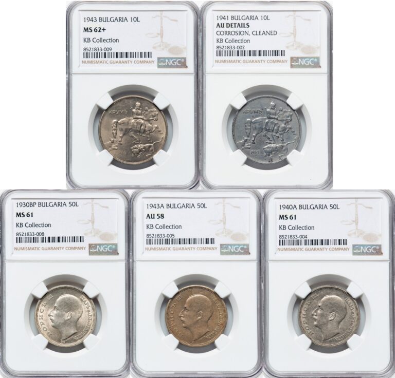 Read more about the article BULGARIA   5X LOT 2X 10 + 3X50 LEVA 1930-43  NGC MS 58-62   RAREX