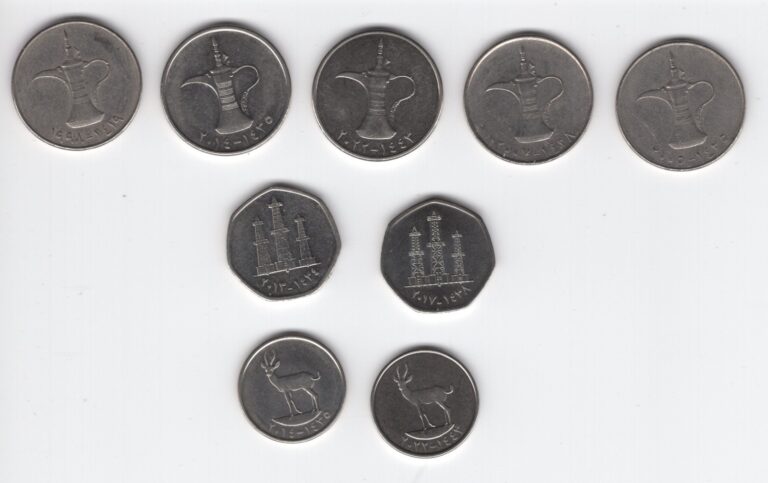 Read more about the article United Arab Emirates – set of 9 coins – 25 fils  50 fils  1 Dirham 1973-2022  XF