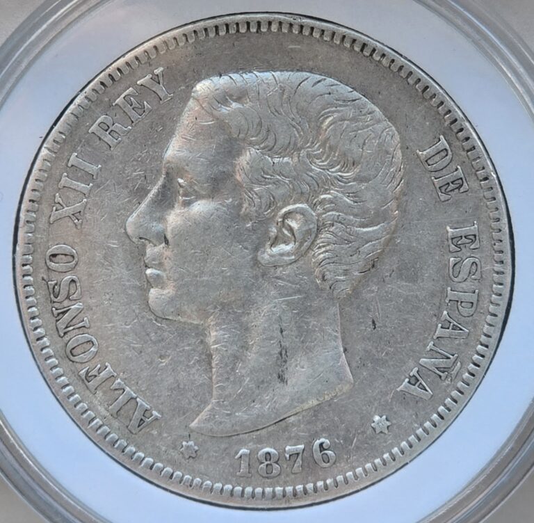 Read more about the article Spain 1876 (76) DE-M 5 Pesetas Silver Coin